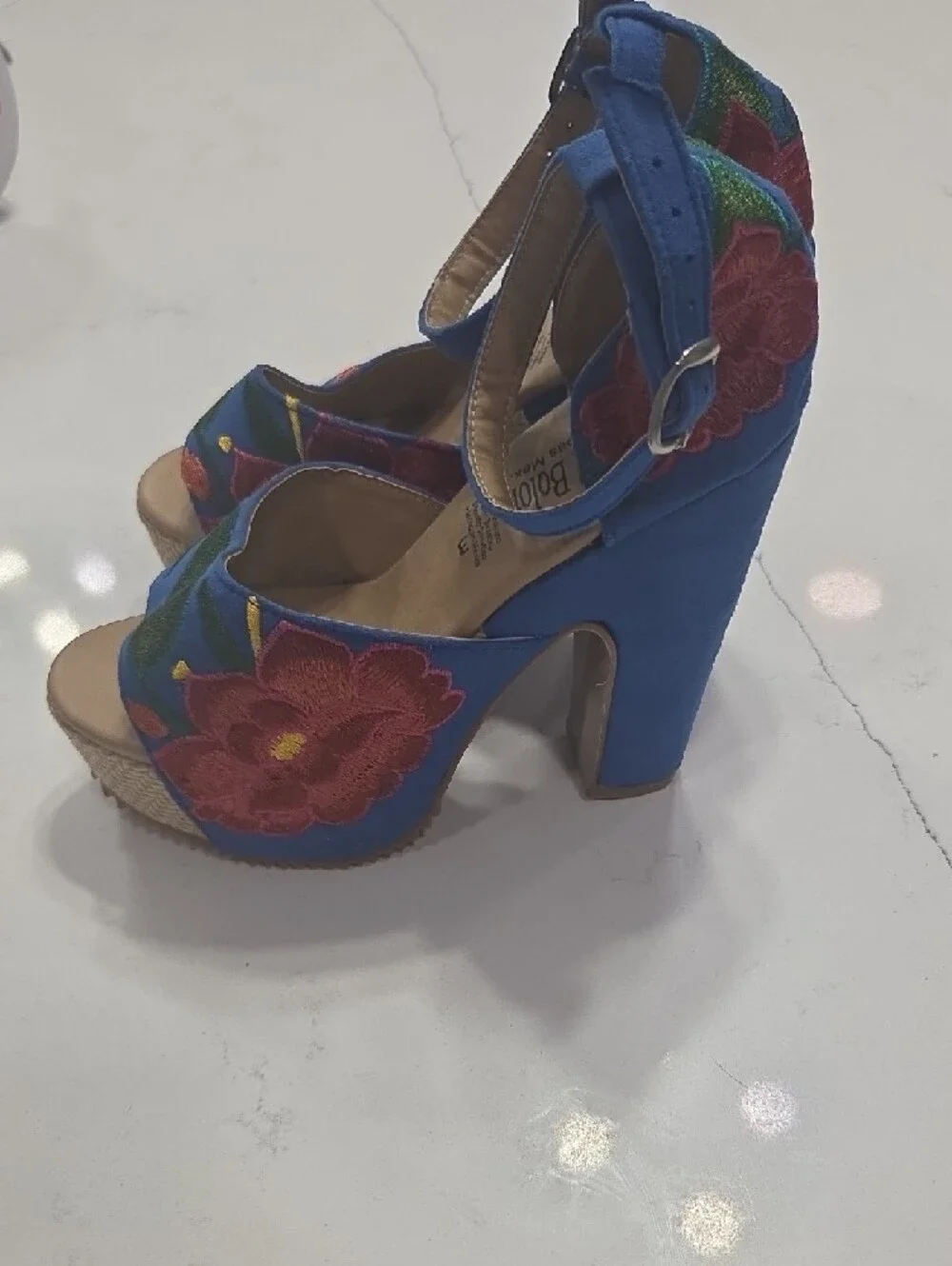 Blue Embroidered Floral Platform Heels